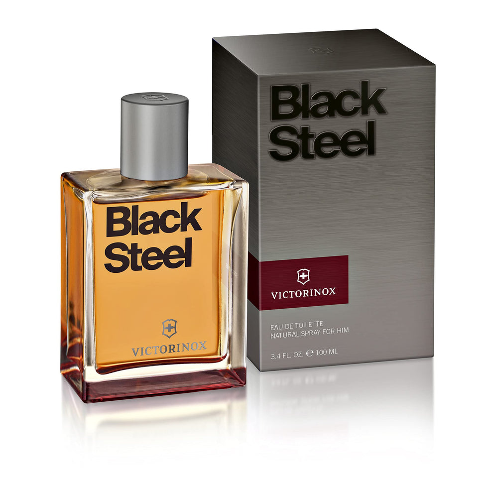 Victorinox Swiss Army Black Steel bottle close-up signaling a premium leather scent for daily wear