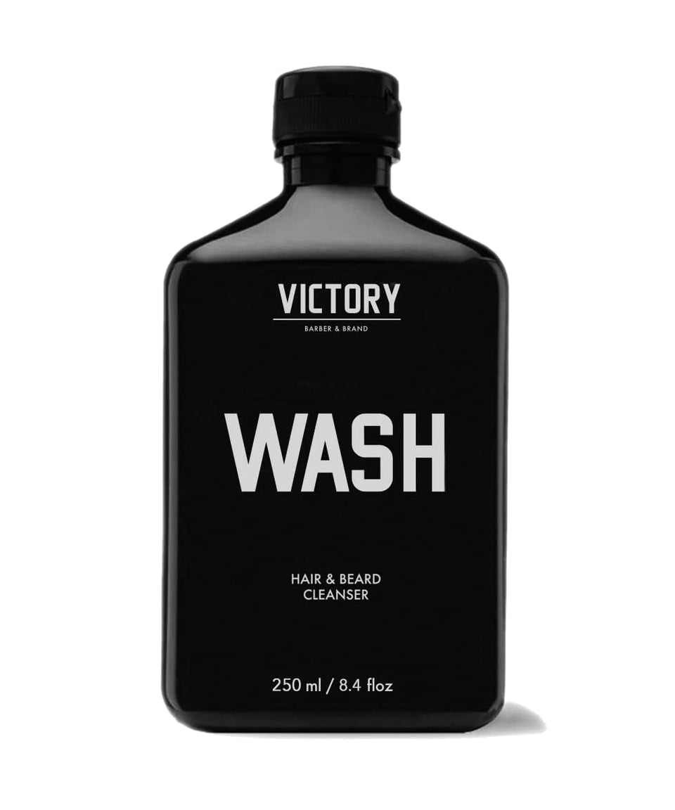 Victory Barber & Brand Beard Wash bottle pour for easy, one-handed application.