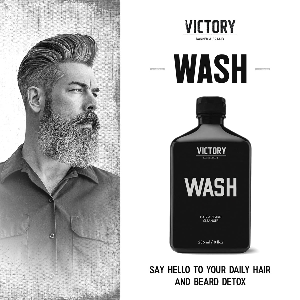 Victory Barber & Brand Beard Wash label closeup highlights USA-made quality.