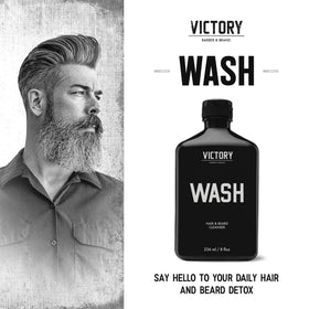 Victory Barber & Brand Beard Wash label closeup highlights USA-made quality.