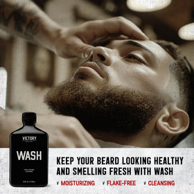 Victory Barber & Brand Beard Wash lather in hand shows cleansing and conditioning.