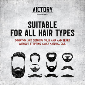 Victory Barber & Brand Beard Wash packaging box suggests premium grooming routine.
