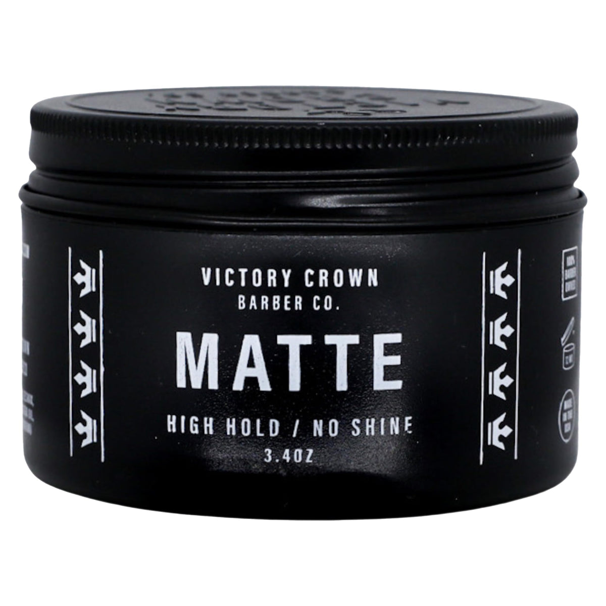 Victory Crown Matte Pomade jar close-up shows natural matte finish for everyday style
