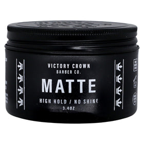 Victory Crown Matte Pomade jar close-up shows natural matte finish for everyday style
