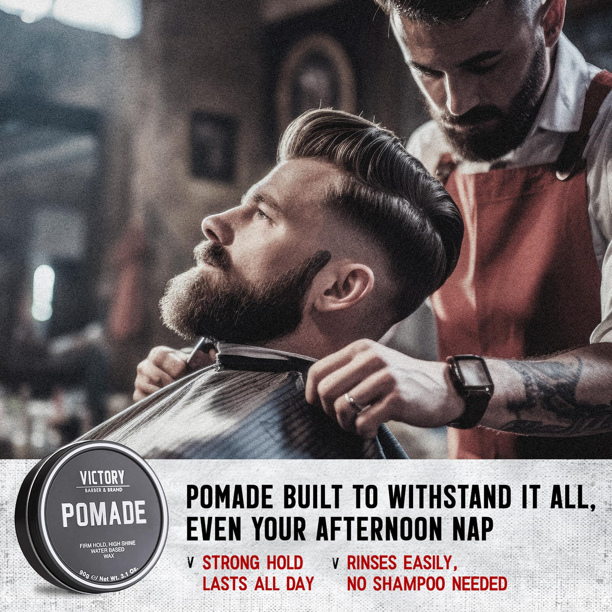 Victory Pomade brushed into hair for a classic styled look.