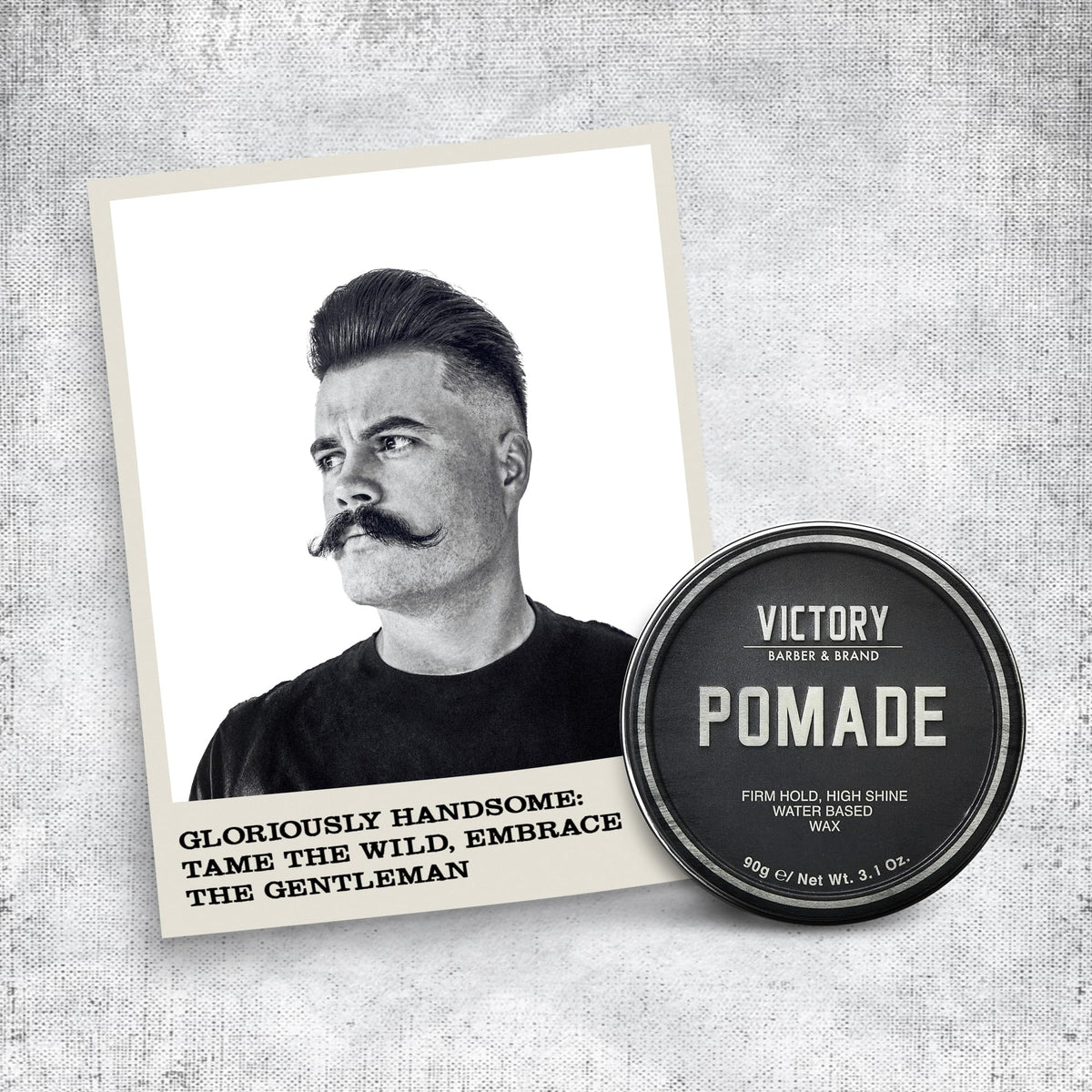 Victory Pomade bottle evokes pipe tobacco scent for masculine grooming.
