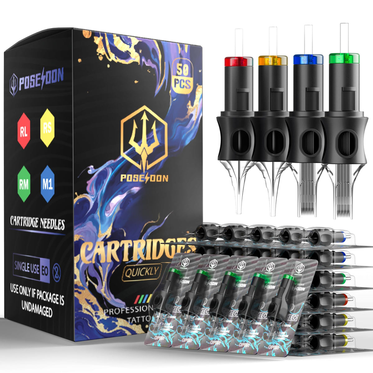 Vidattx Poseidon 50pcs set of tattoo cartridge needles for professional lining and shading.