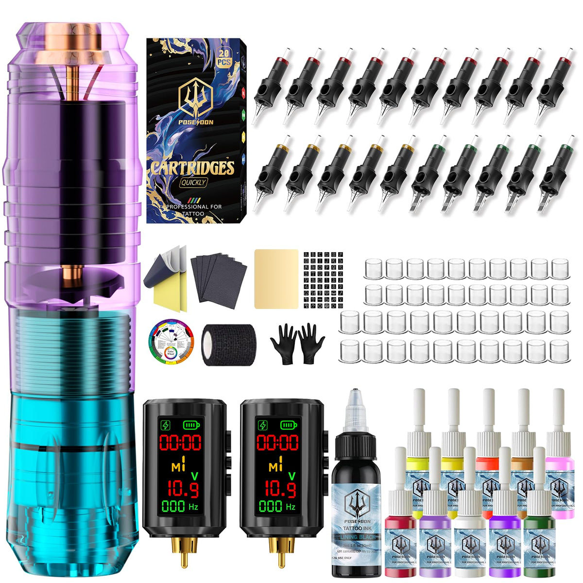 Vidattx Poseidon tattoo kit packaging, an all-in-one starter set for beginners.