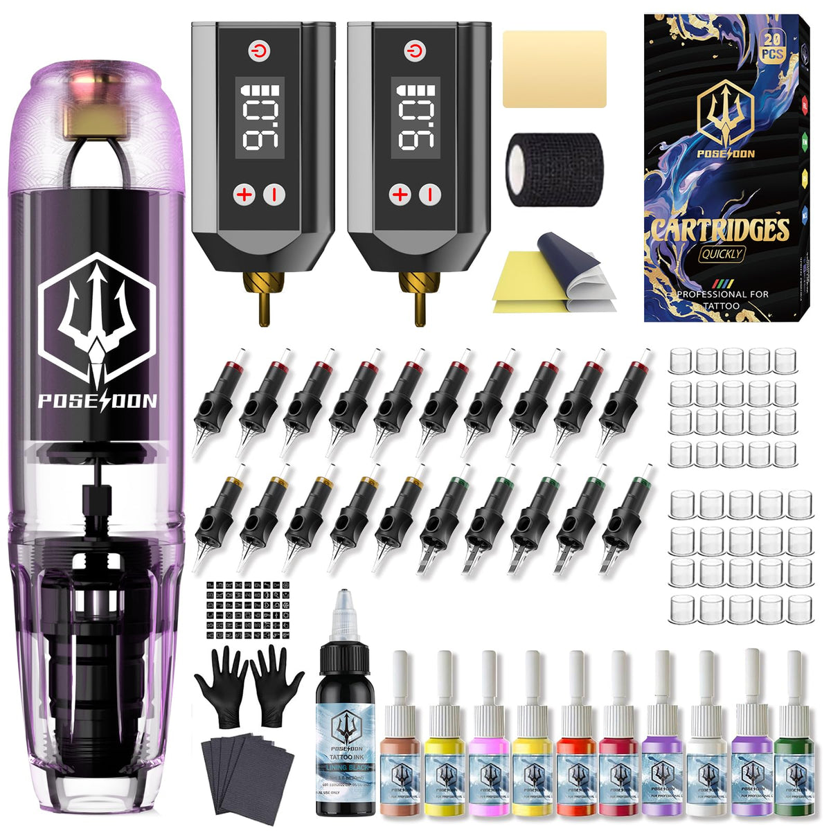 Vidattx Poseidon tattoo pen front view highlights ergonomic grip for precise line work.