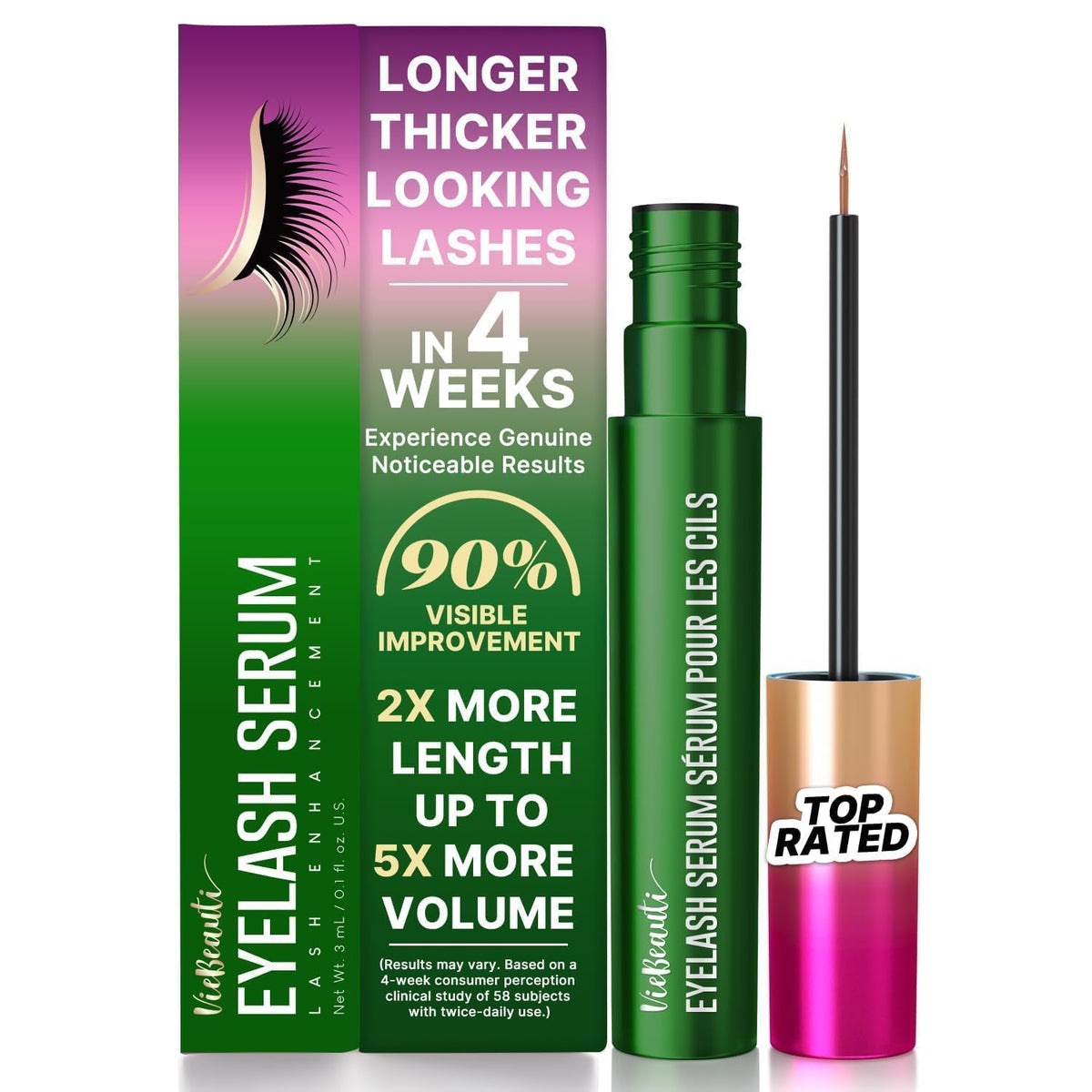 VieBeauti eyelash serum bottle close-up for gentle daily conditioning.