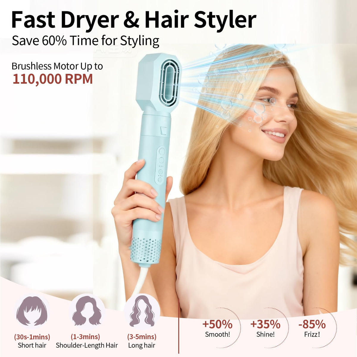 Vietora Eud ionic drying technology reduces frizz and adds shine.