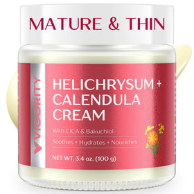 Vigority Calendula Cream bottle close-up highlighting lightweight hydration for mature skin
