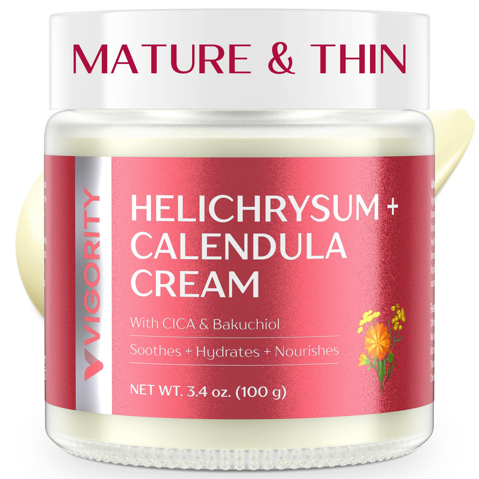 Vigority Calendula Cream bottle close-up highlighting lightweight hydration for mature skin