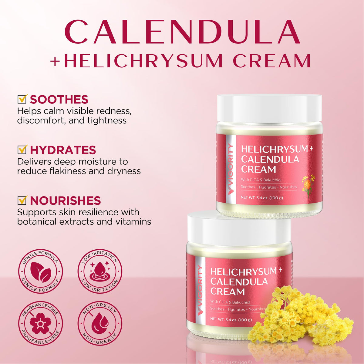 Vigority Calendula Cream texture swirl shows non-greasy absorption for daytime use