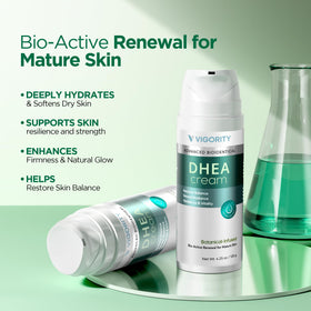 Vigority DHEA gel pump dispensing, showing fast-absorption topical application.