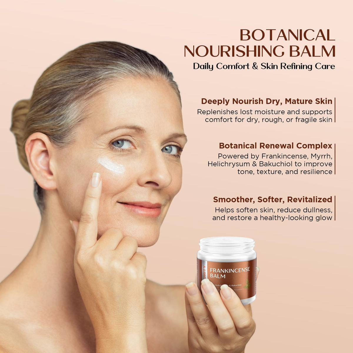 Vigority Frankincense Balm close-up texture on aging, delicate skin