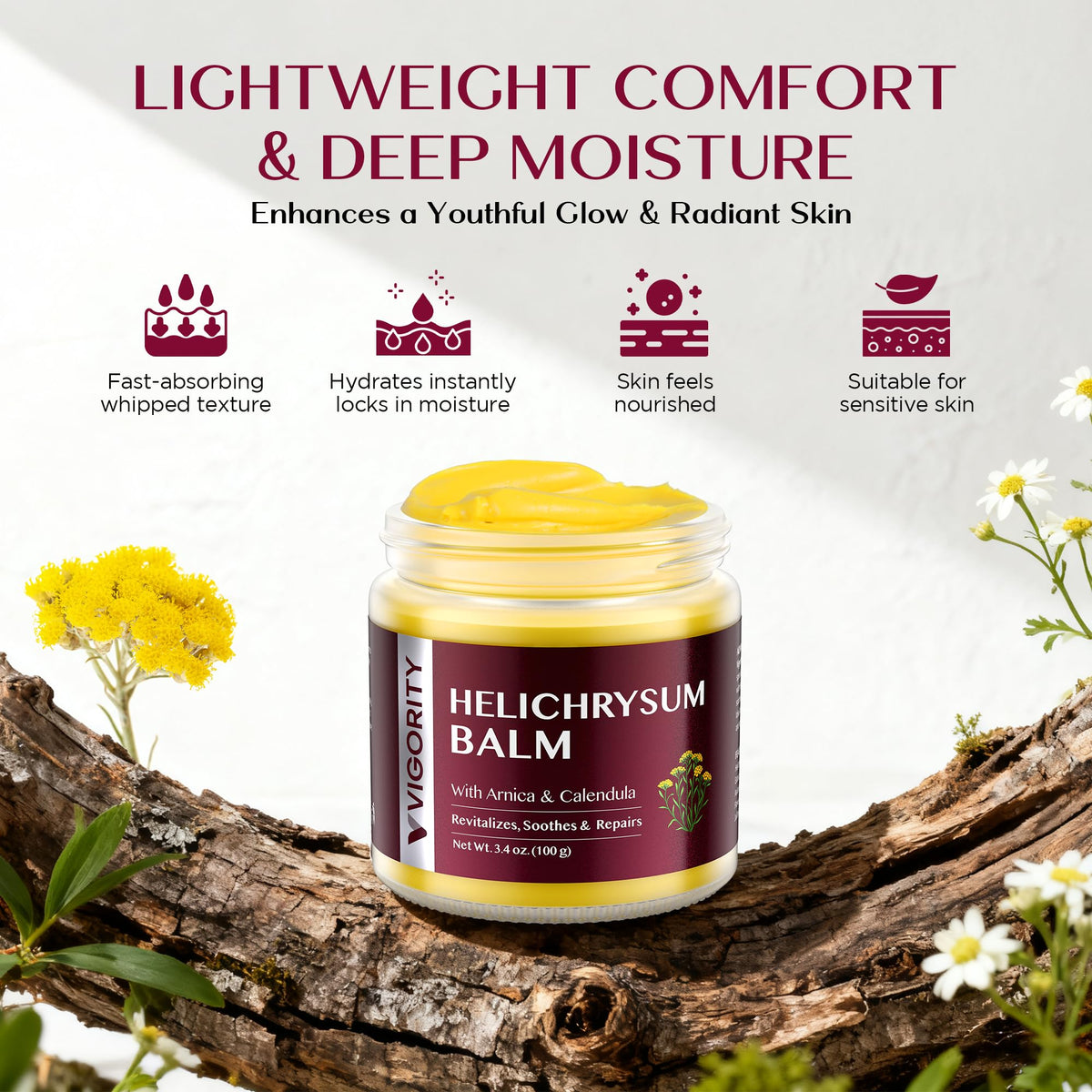 Vigority Helichrysum balm applied to forearm showing lightweight coverage