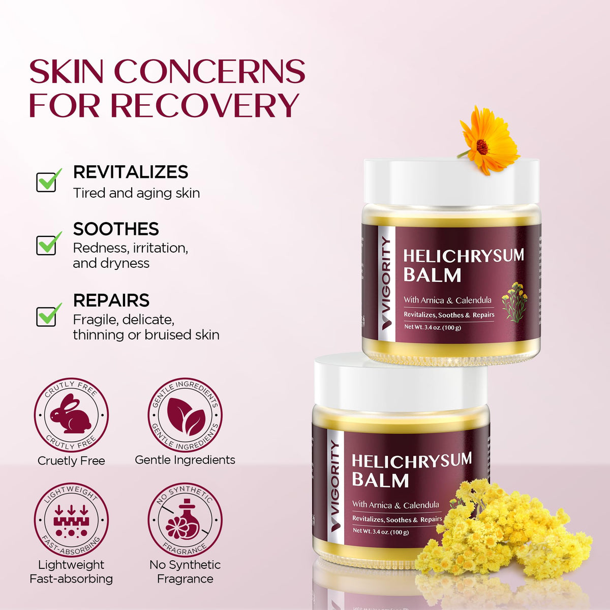 Vigority Helichrysum balm with arnica and calendula ingredients highlighted for soothing care