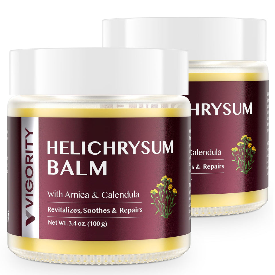Vigority Helichrysum balm jar close-up showing rich hydration for mature skin