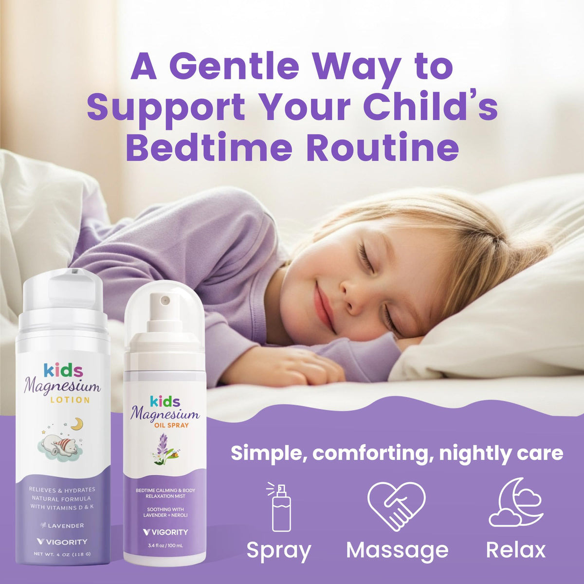 Vigority Kids Magnesium Sleep Spray bottle mist for lavender-neroli calming