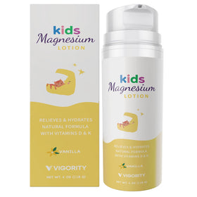 Vigority magnesium lotion bottle closeup for bedtime calming in kids