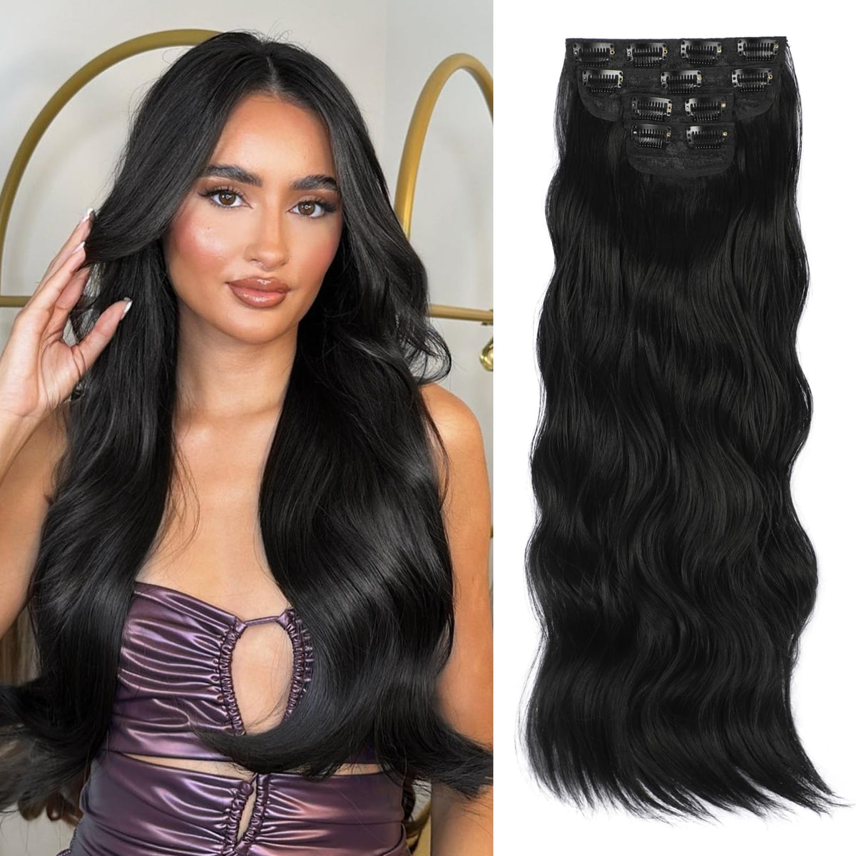 Vigorous clip-in extensions four-piece set in black 24-inch, natural-looking length.