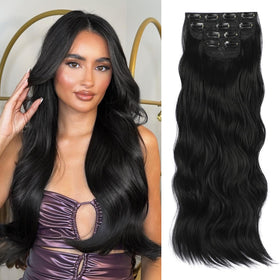 Vigorous clip-in extensions four-piece set in black 24-inch, natural-looking length.