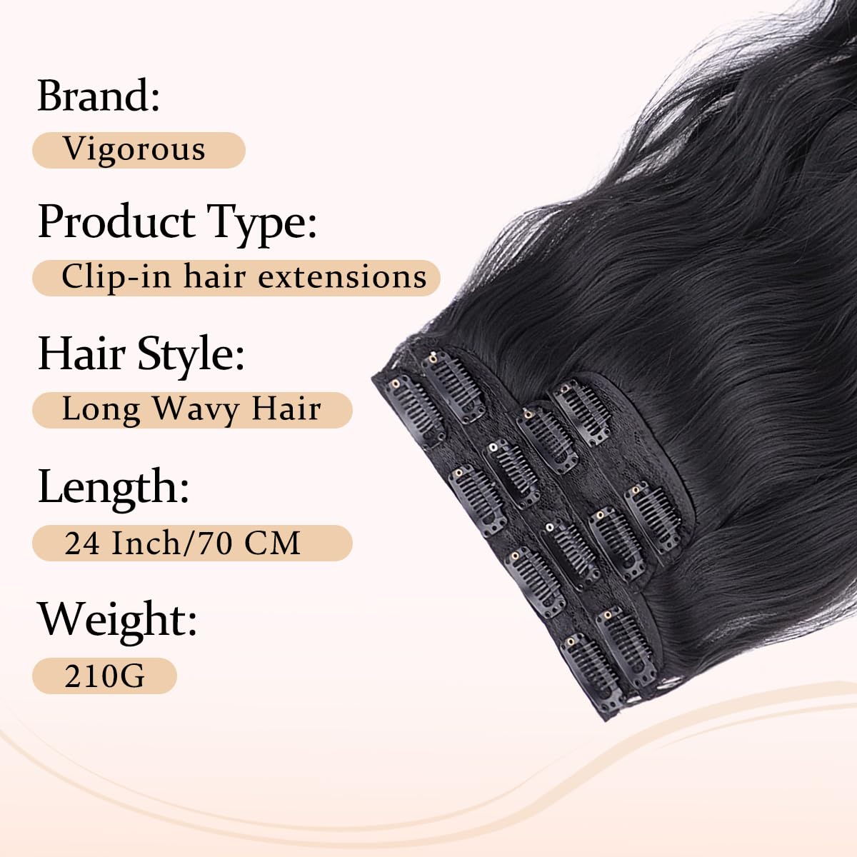Vigorous clip-in extensions weft closeup in black, seamless blend with natural hair.