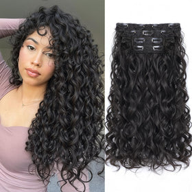 Vigorous curly clip-in extensions in 20-inch length offer instant volume.