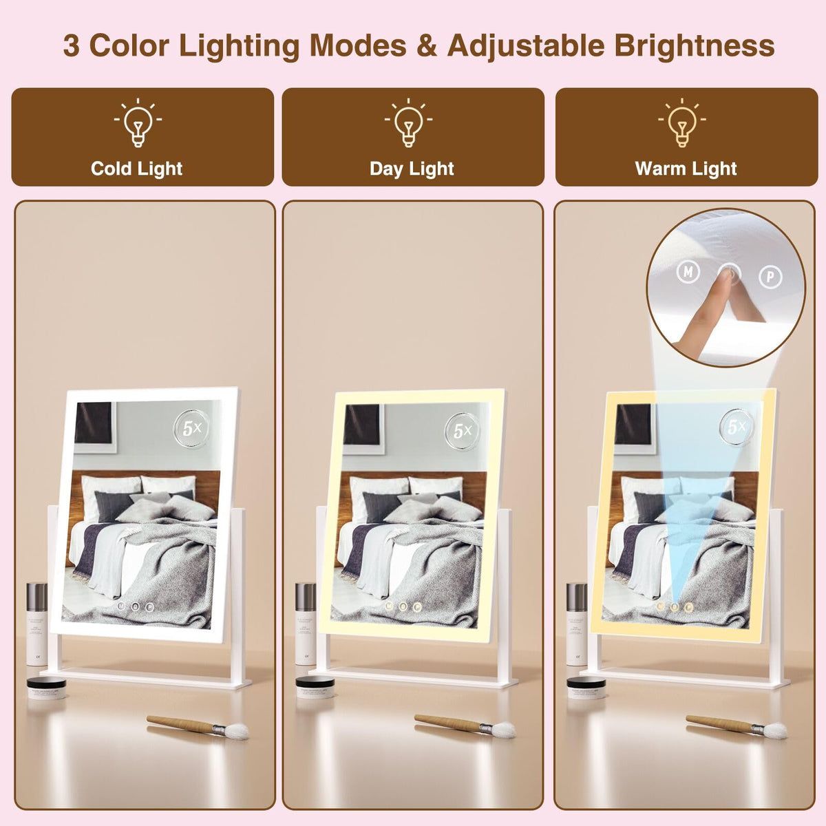 ViKert vanity mirror angled for 360-degree rotation and perfect lighting control.