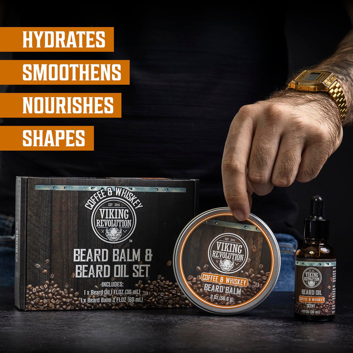 Viking Revolution argan and jojoba oils bottle stack emphasizes natural ingredients.