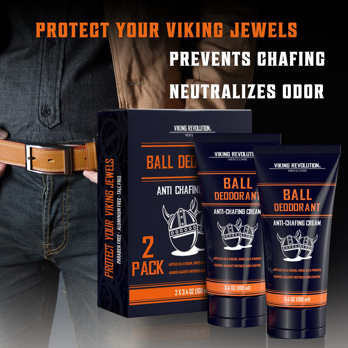 Viking Revolution ball deodorant shown in cream-to-powder form for quick dryness.
