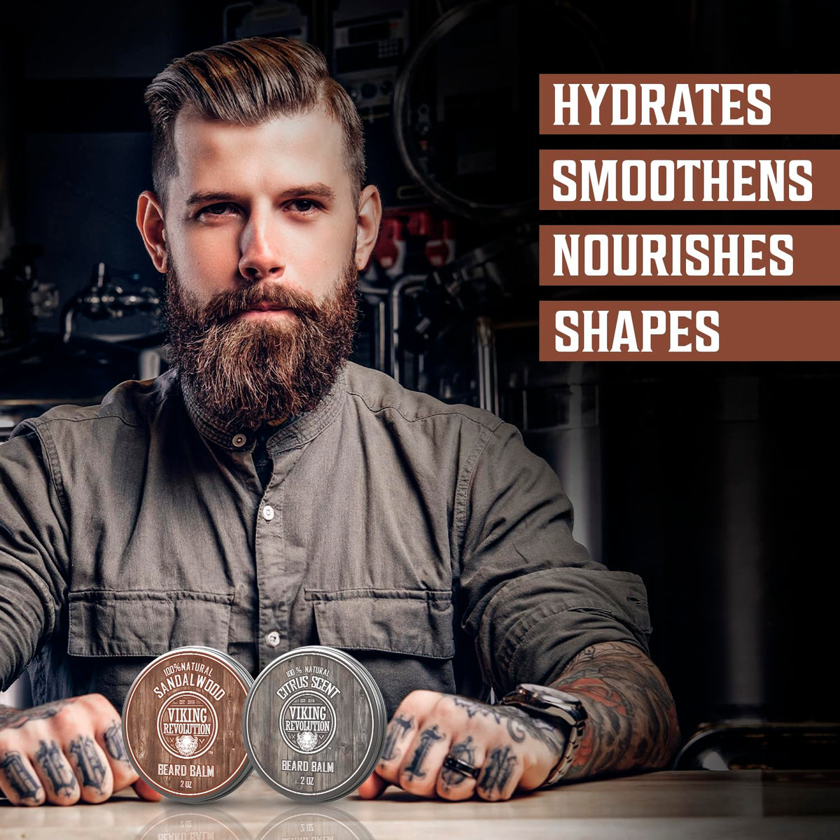 Viking Revolution beard balm with argan oil texture on palm for conditioning.