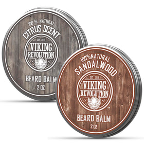 Viking Revolution Citrus & Sandalwood beard balm bottle close-up showing nourishing oils.