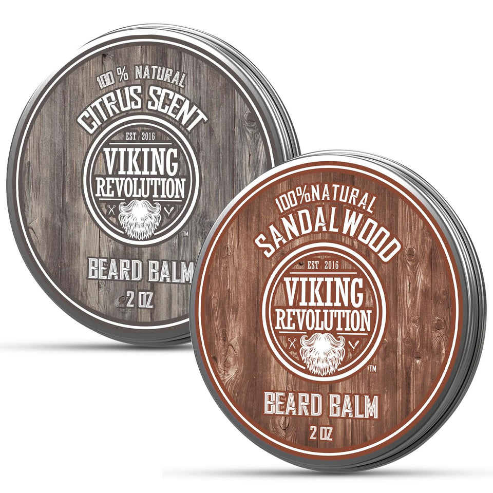 Viking Revolution Citrus & Sandalwood beard balm bottle close-up showing nourishing oils.