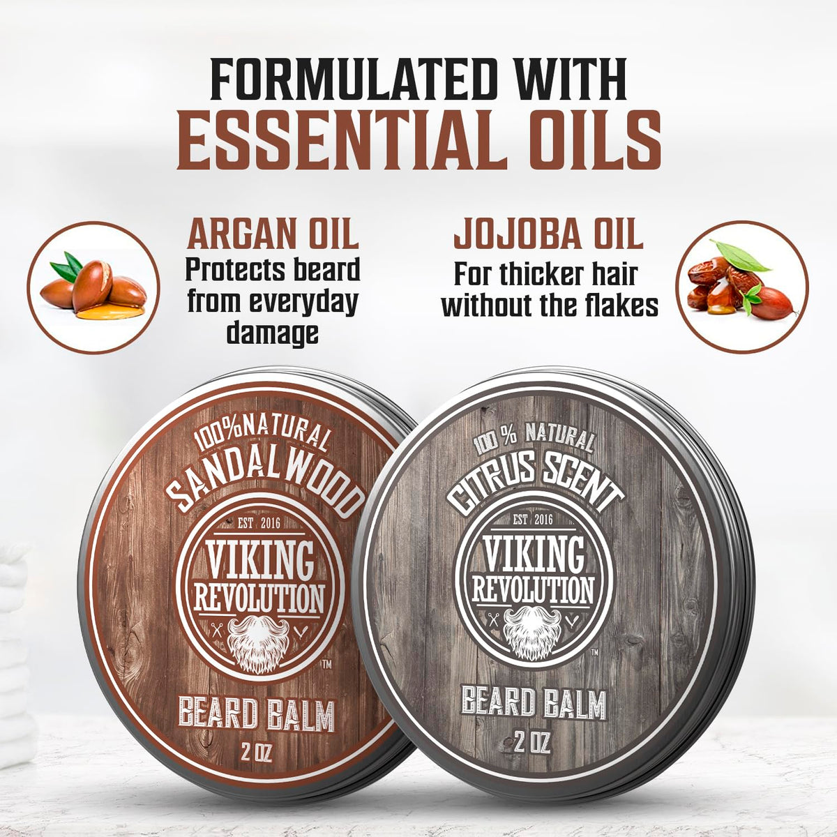 Viking Revolution beard balm featuring jojoba oil for softer facial hair.