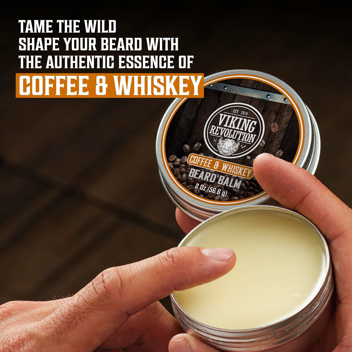Viking Revolution beard balm tin open shows light hold for neat styling.