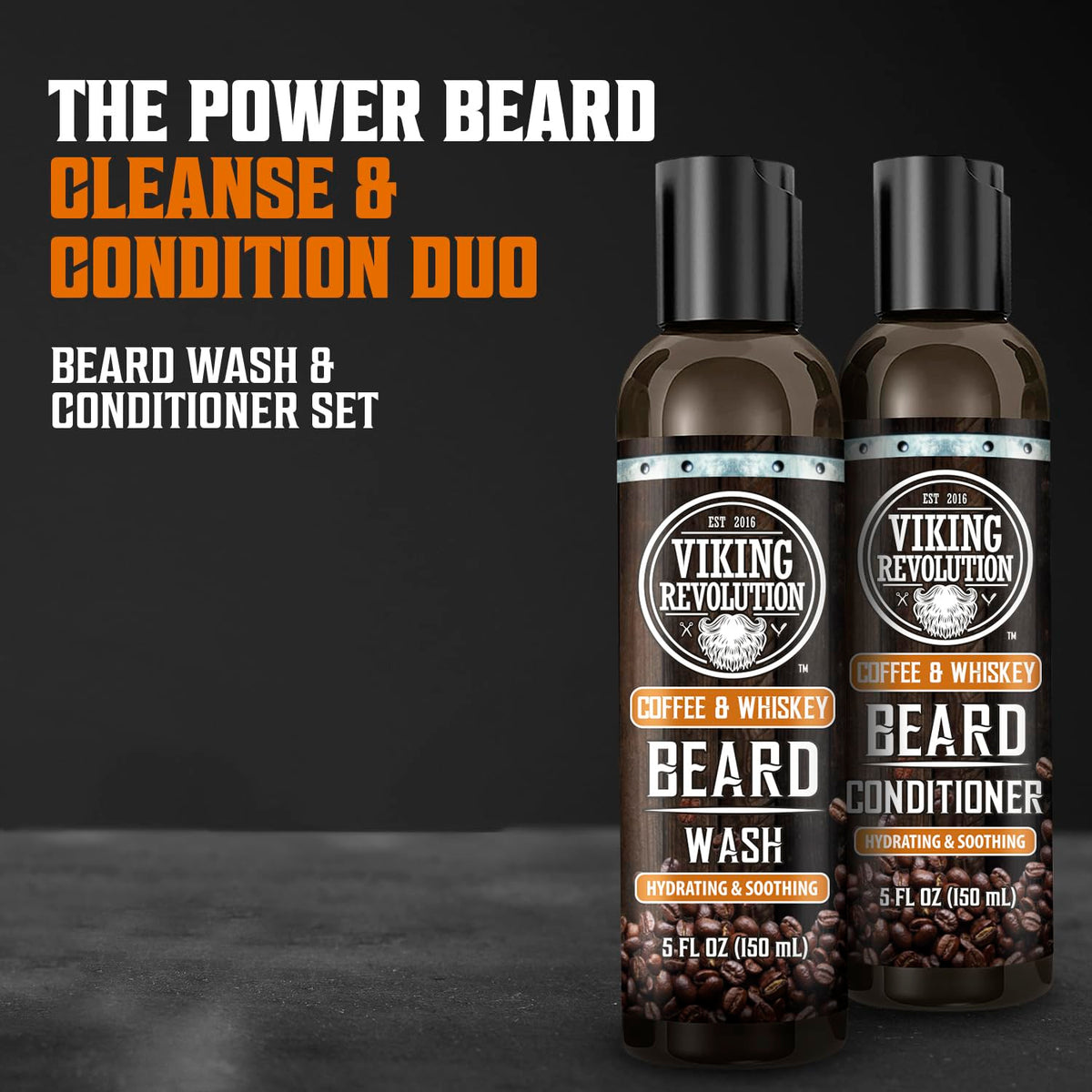 Viking Revolution Beard Conditioner bottle with coffee whiskey scent helps detangle and soften.