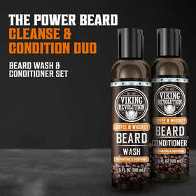 Viking Revolution Beard Conditioner bottle with coffee whiskey scent helps detangle and soften.