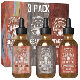 Viking Revolution sandalwood beard oil 3-pack bottle conditions beard and skin