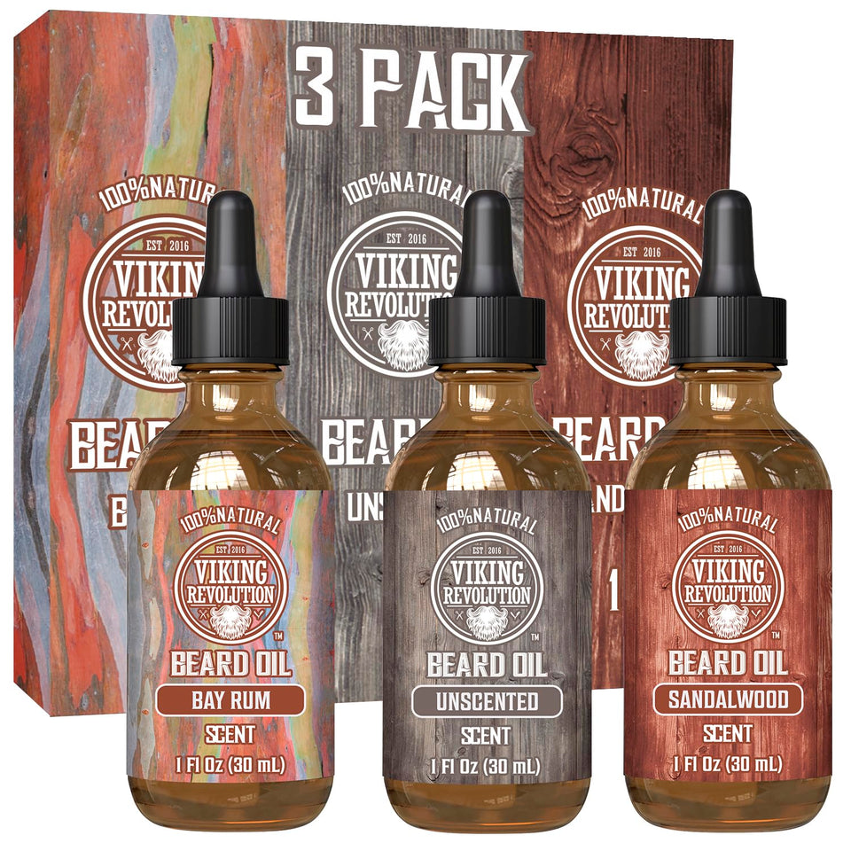 Viking Revolution sandalwood beard oil 3-pack bottle conditions beard and skin