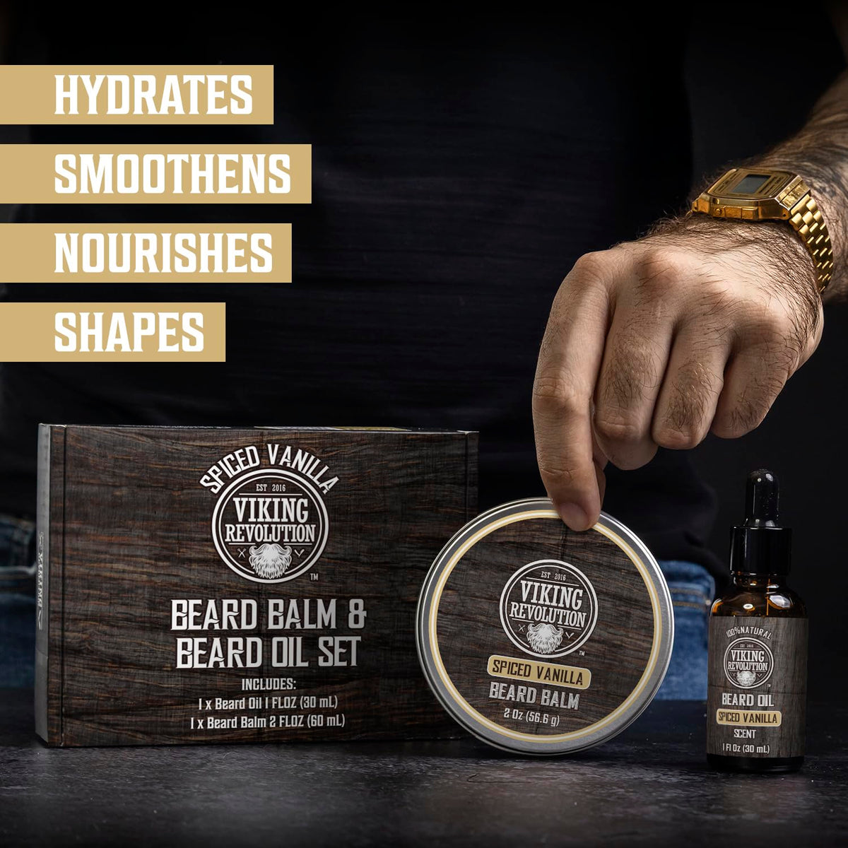 Viking Revolution Beard Oil application scene for quick grooming.