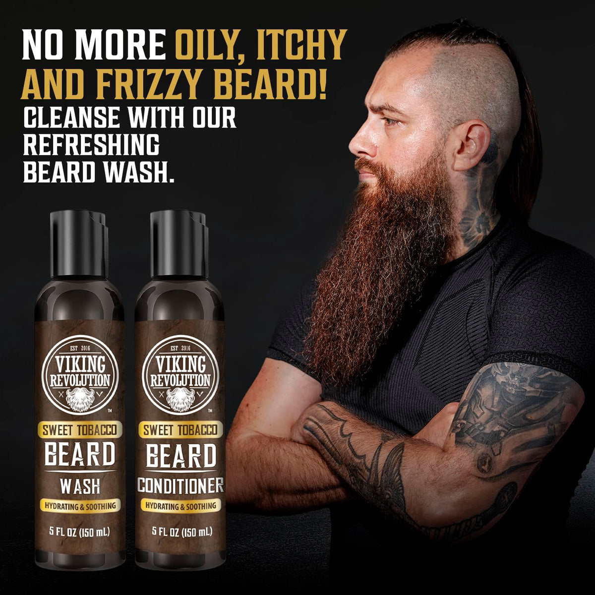 Viking Revolution beard oil bottle highlighting moisturization for stronger growth support.