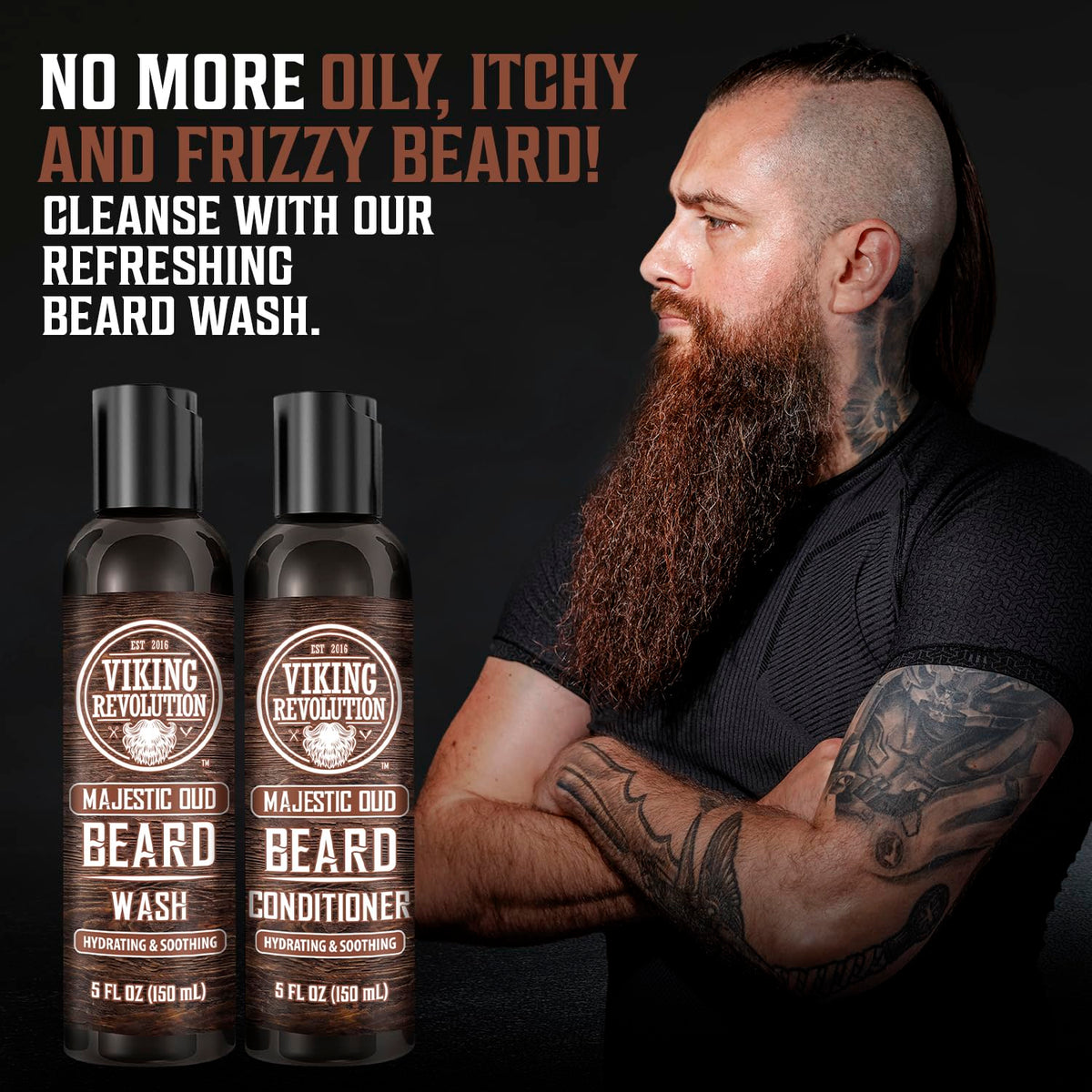 Viking Revolution beard oil bottle adds shine and controls frizz.