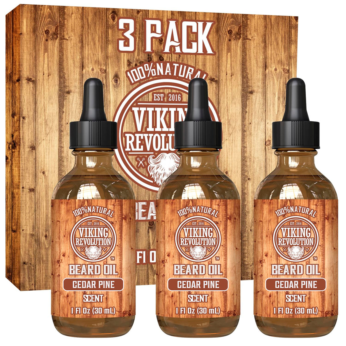 Viking Revolution cedar pine beard oil bottle highlights natural argan and jojoba for soft, manageable facial hair