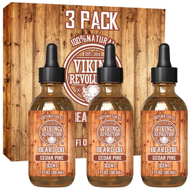 Viking Revolution cedar pine beard oil bottle highlights natural argan and jojoba for soft, manageable facial hair