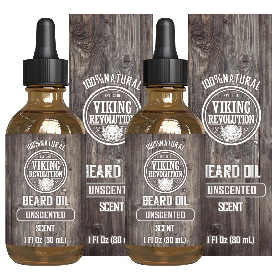 Viking Revolution unscented beard oil bottle close-up for smooth beard