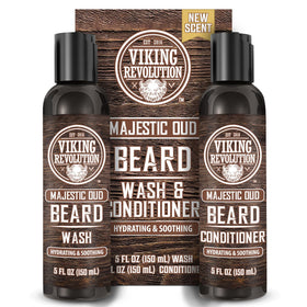 Viking Revolution beard wash bottle cleanses and nourishes with argan and jojoba oils.
