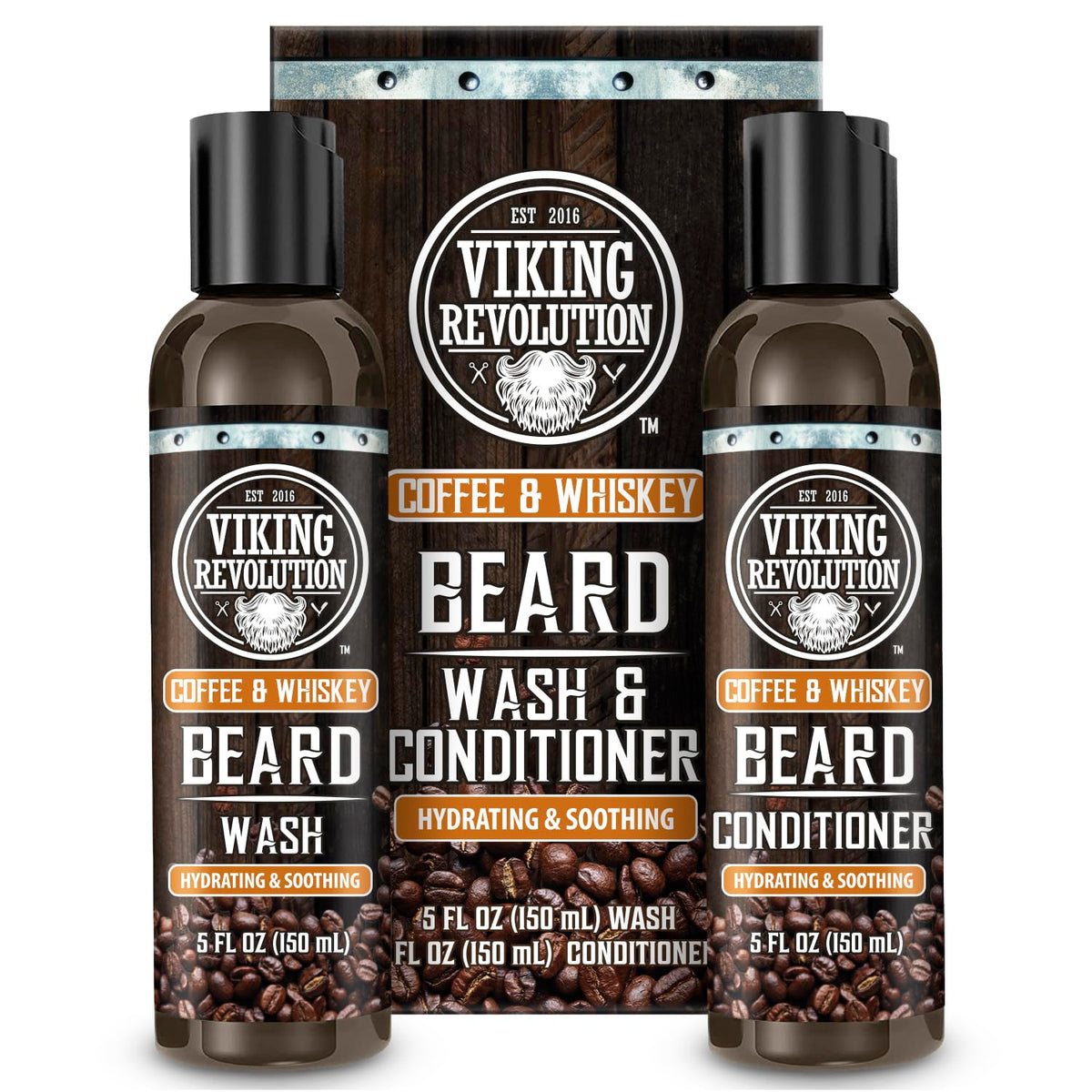 Viking Revolution Beard Wash bottle with coffee whiskey scent cleanses and refreshes your beard.