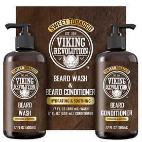 Viking Revolution beard wash bottle with sweet tobacco scent for refreshing cleansing